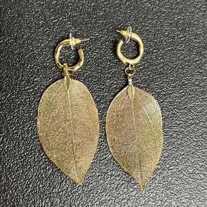 Gold Tone Leaf Dangle Hoop Dangle Statement Earrings